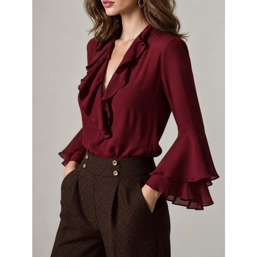Ruffle-Trim V-Neck Blouse with Bell Sleeves Apparel and Accessories