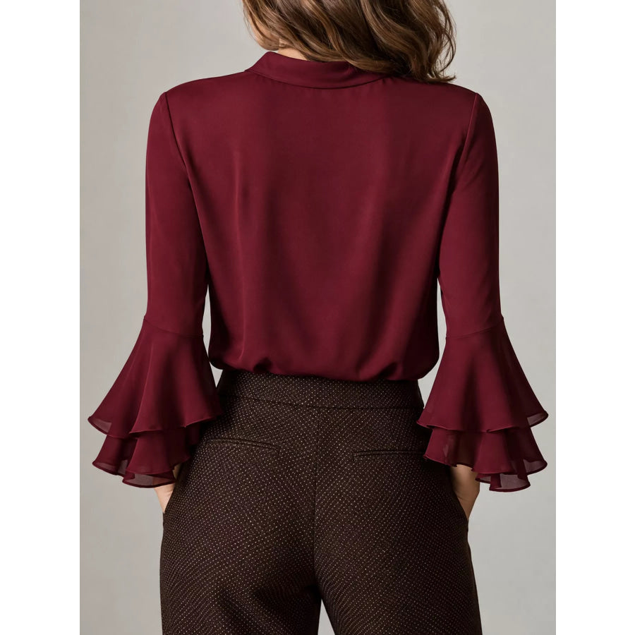 Ruffle-Trim V-Neck Blouse with Bell Sleeves Apparel and Accessories