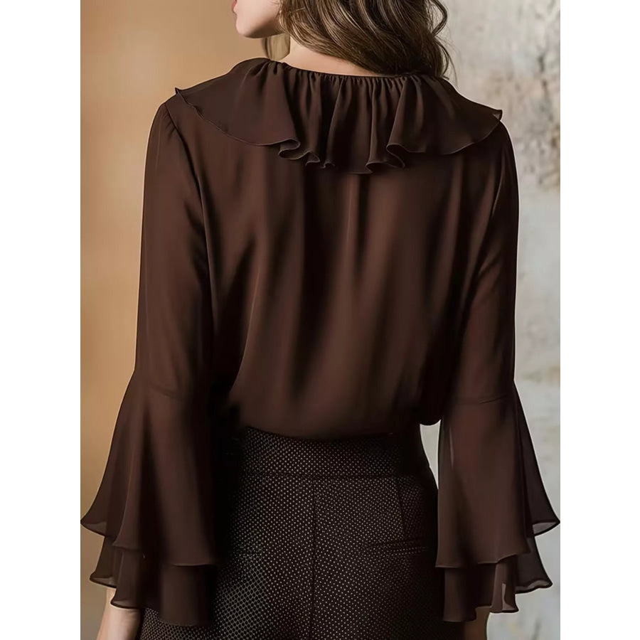 Ruffle-Trim V-Neck Blouse with Bell Sleeves Apparel and Accessories
