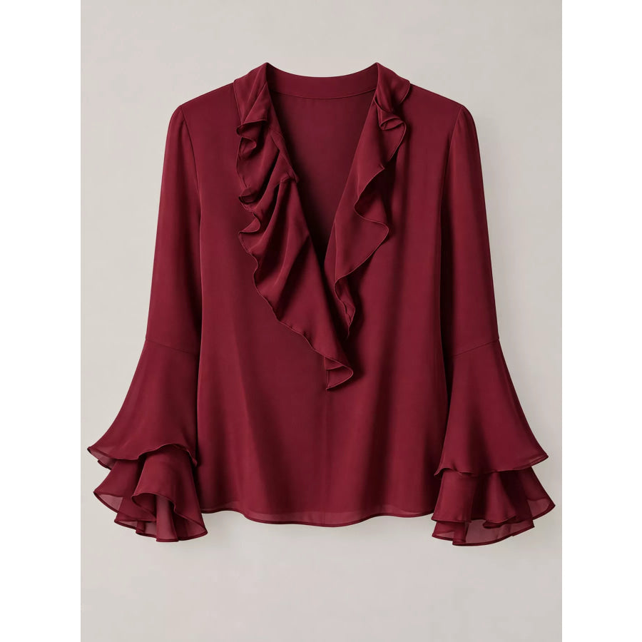 Ruffle-Trim V-Neck Blouse with Bell Sleeves Apparel and Accessories