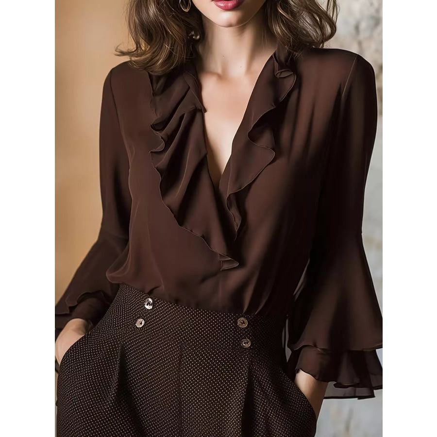 Ruffle-Trim V-Neck Blouse with Bell Sleeves Apparel and Accessories