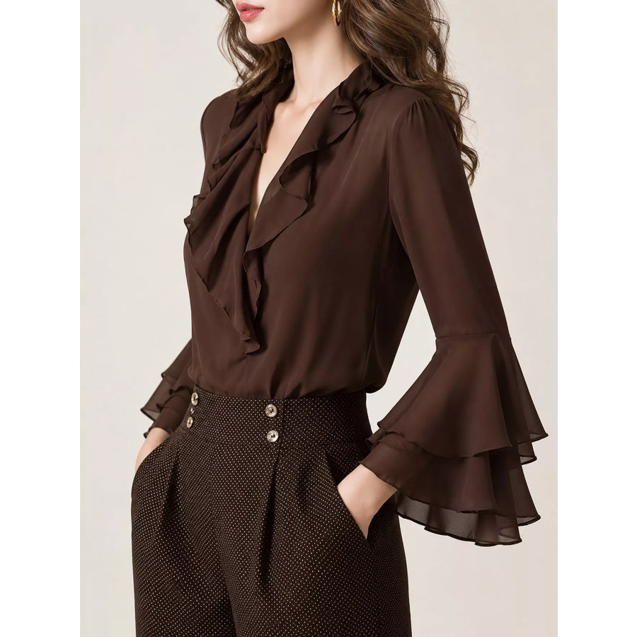 Ruffle-Trim V-Neck Blouse with Bell Sleeves Apparel and Accessories