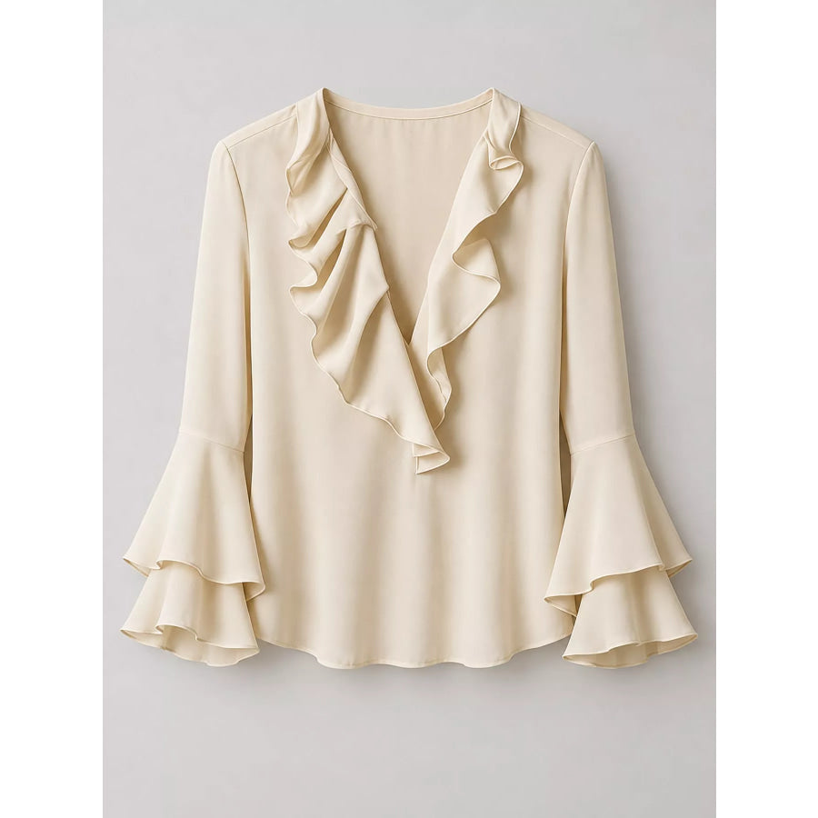 Ruffle-Trim V-Neck Blouse with Bell Sleeves Apparel and Accessories