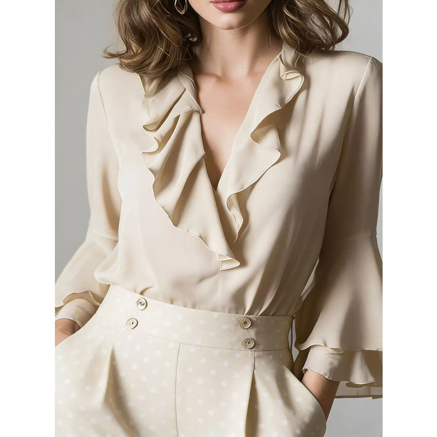Ruffle-Trim V-Neck Blouse with Bell Sleeves Apricot / S Apparel and Accessories