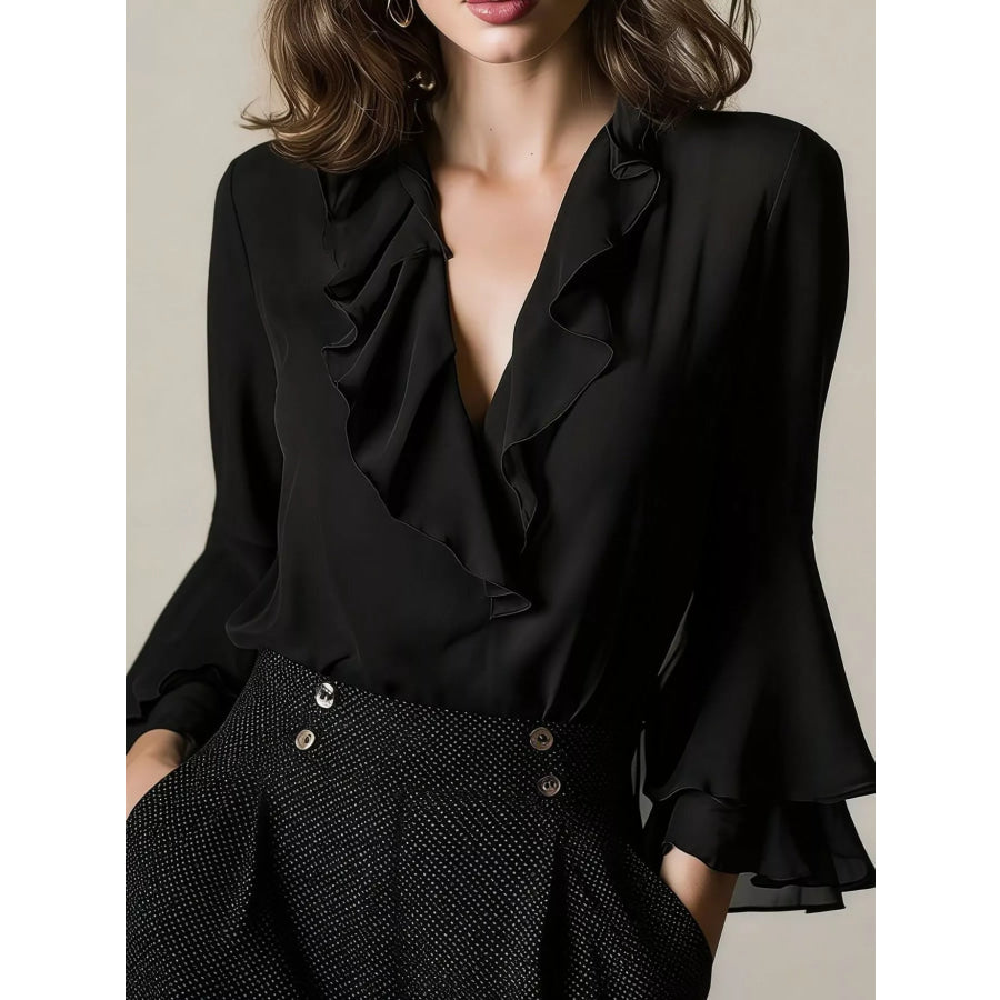 Ruffle-Trim V-Neck Blouse with Bell Sleeves Black / S Apparel and Accessories