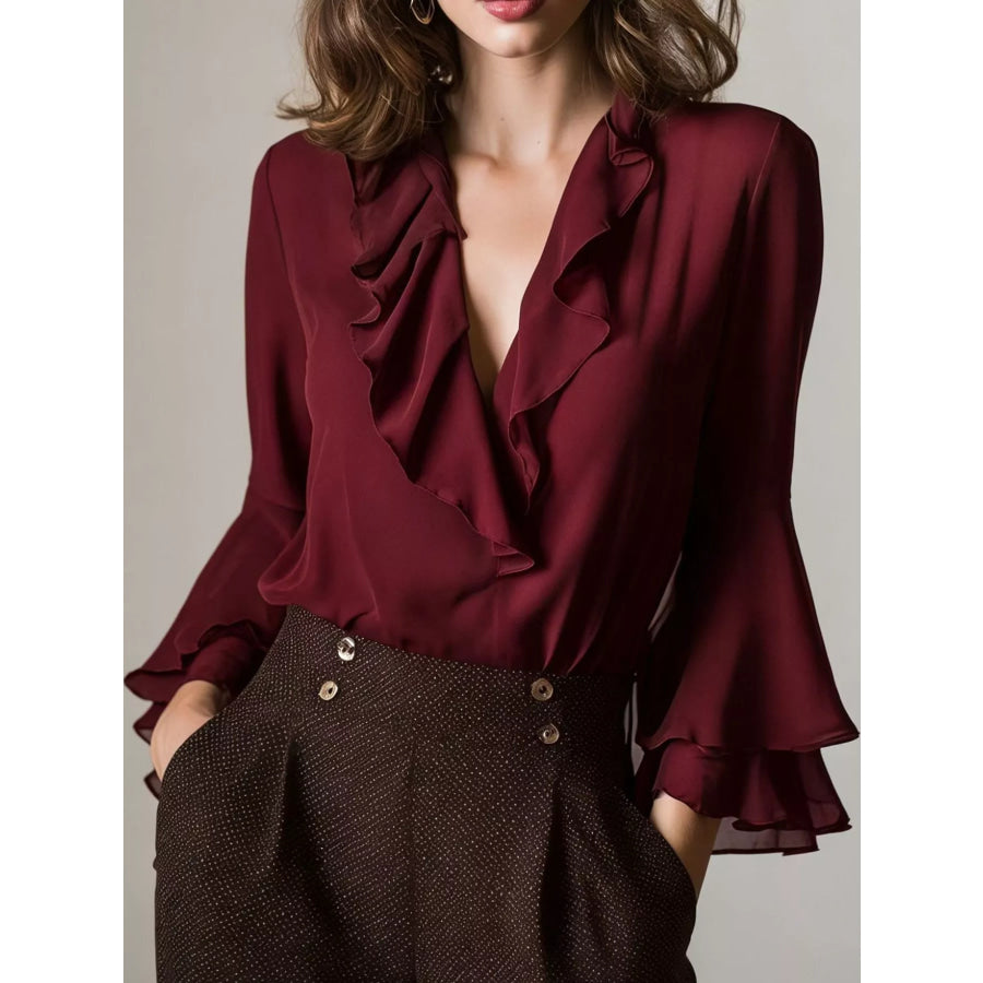 Ruffle-Trim V-Neck Blouse with Bell Sleeves Burgundy / S Apparel and Accessories