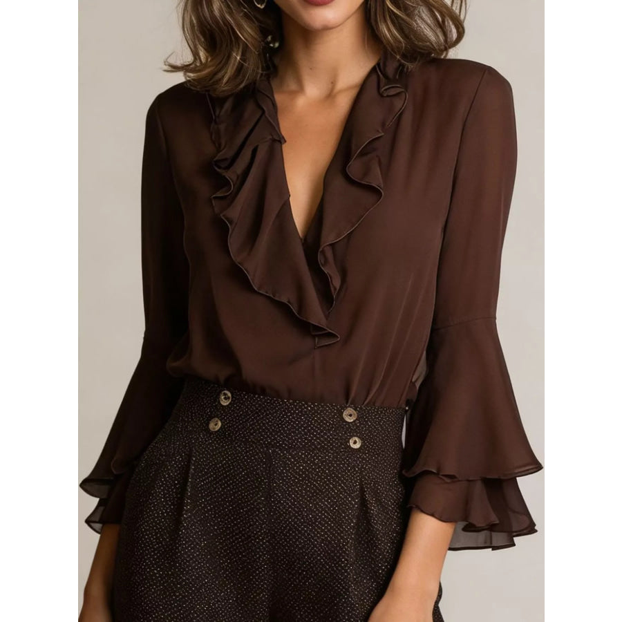 Ruffle-Trim V-Neck Blouse with Bell Sleeves Khaki / S Apparel and Accessories