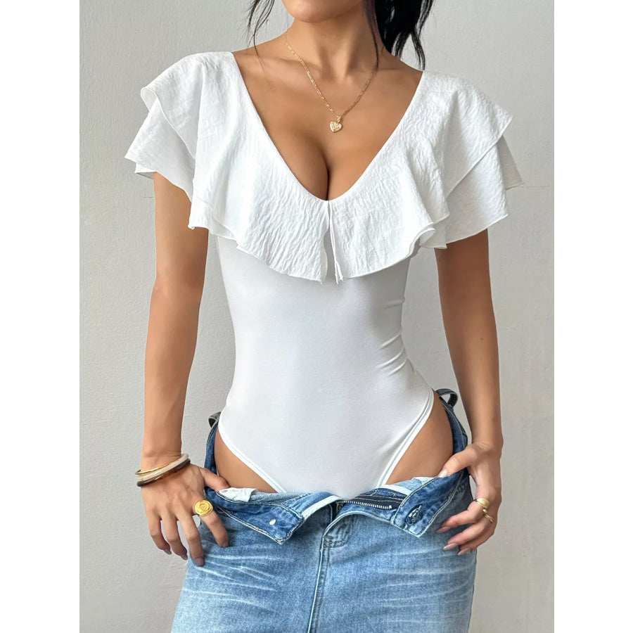 Ruffle Trim V-Neck Bodysuit White / S Apparel and Accessories