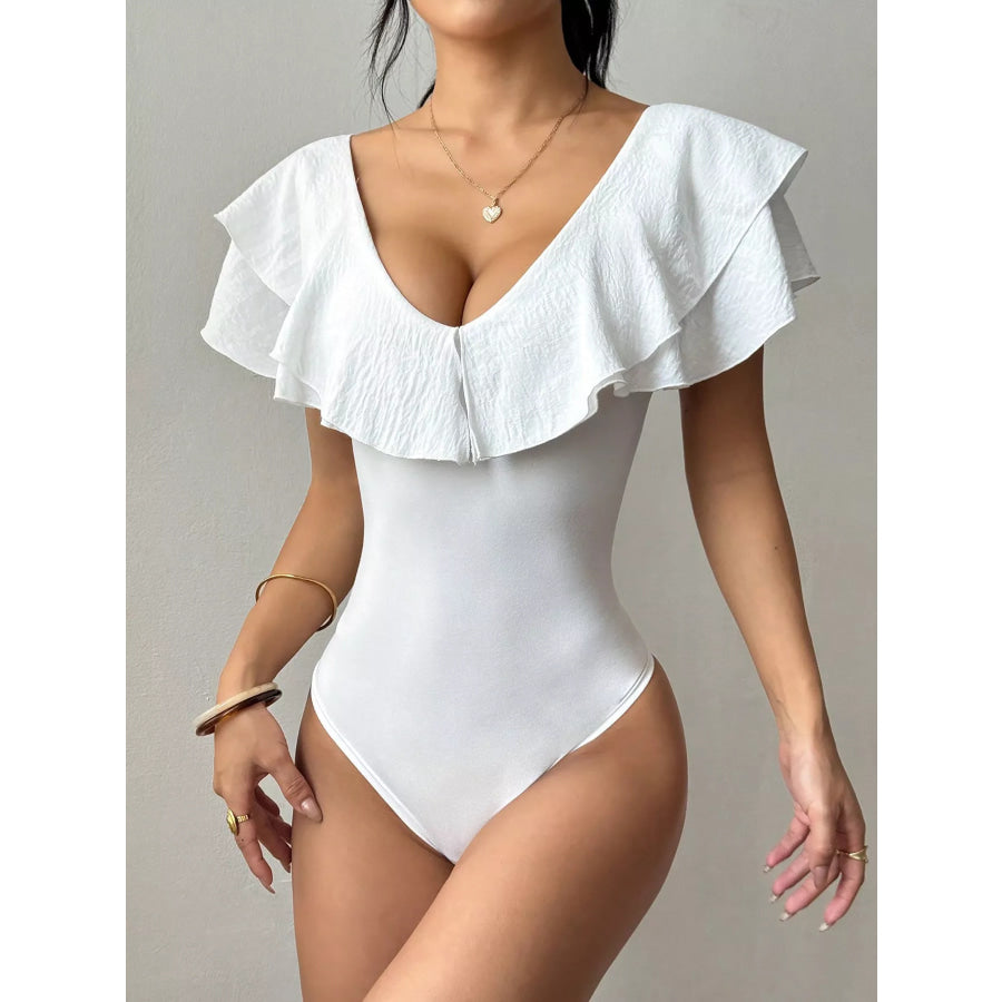 Ruffle Trim V-Neck Bodysuit White / S Apparel and Accessories