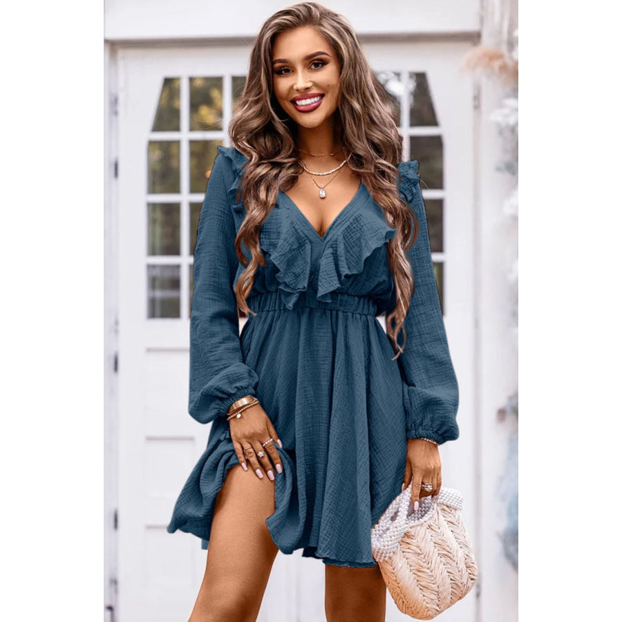 Ruffle Trim V-Neck Long Sleeve Mini Dress Peacock Blue / S