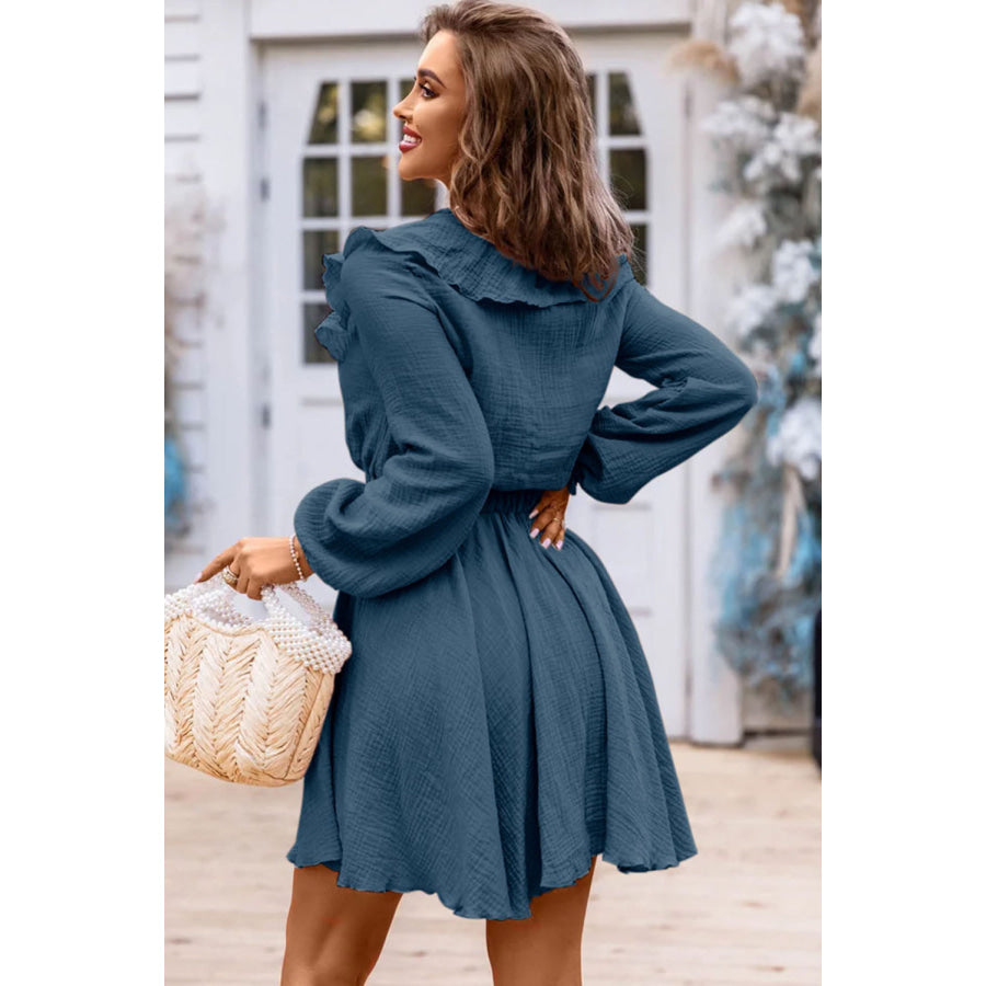 Ruffle Trim V-Neck Long Sleeve Mini Dress Peacock Blue / S