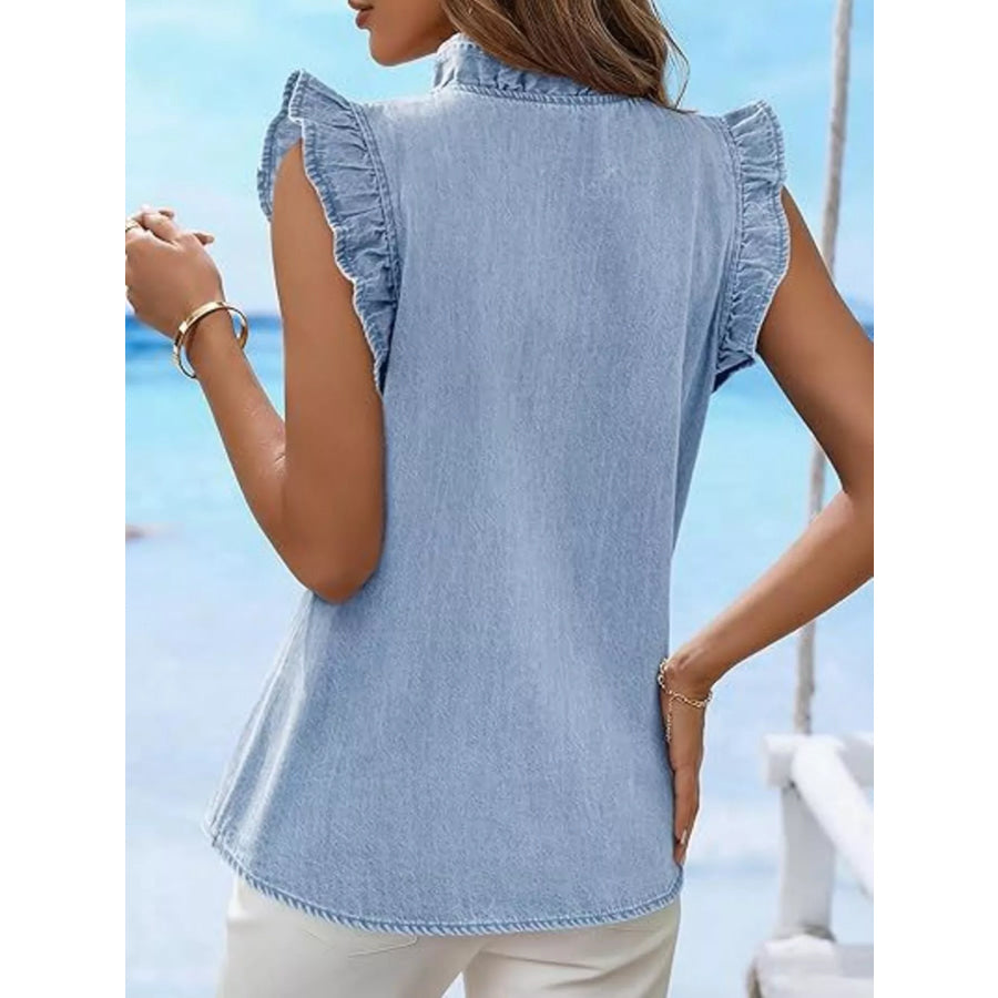 Ruffle Trim V-Neck Sleeveless Denim Top Apparel and Accessories
