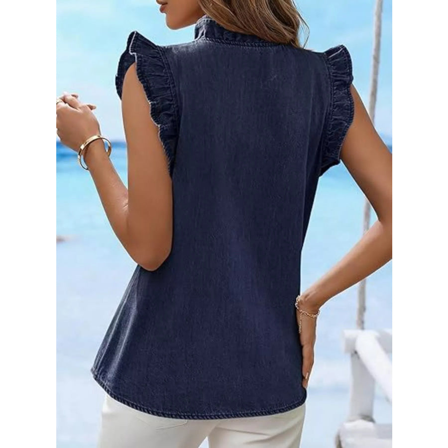 Ruffle Trim V-Neck Sleeveless Denim Top Apparel and Accessories