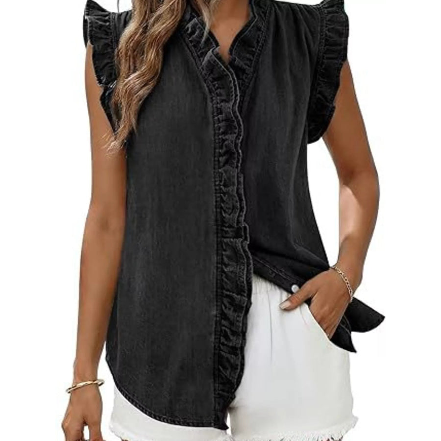 Ruffle Trim V-Neck Sleeveless Denim Top Apparel and Accessories