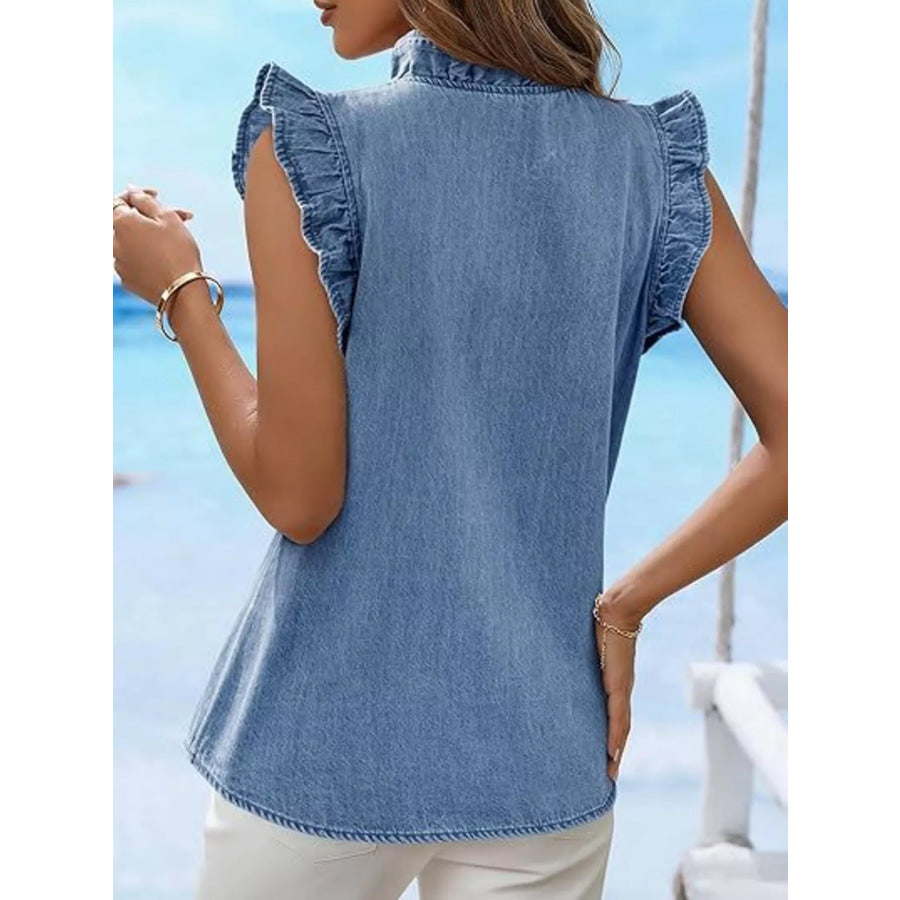 Ruffle Trim V-Neck Sleeveless Denim Top Apparel and Accessories