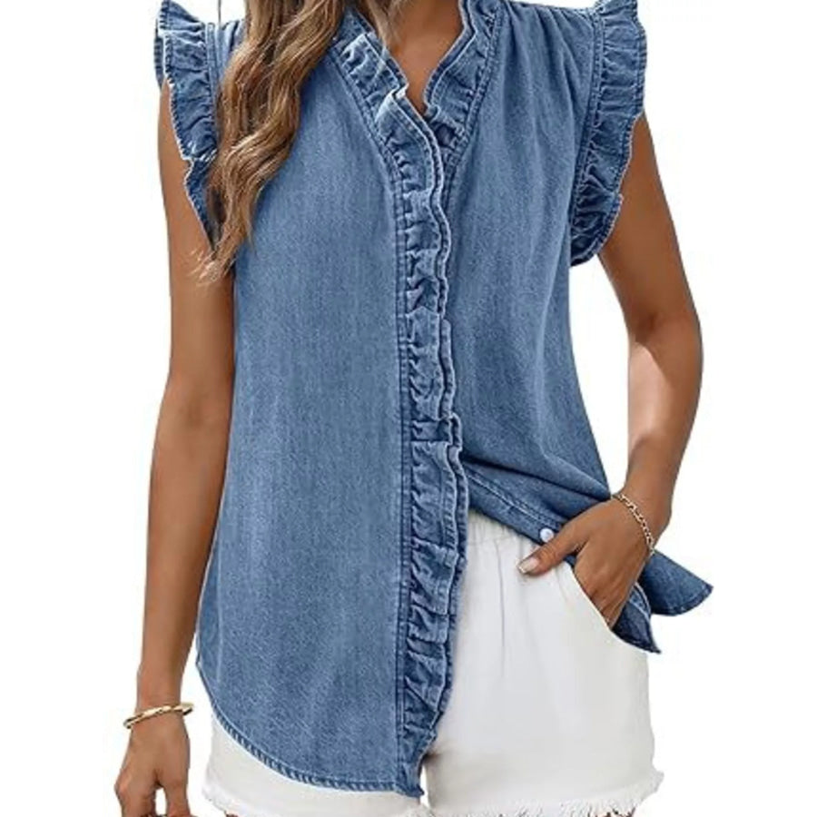Ruffle Trim V-Neck Sleeveless Denim Top Apparel and Accessories