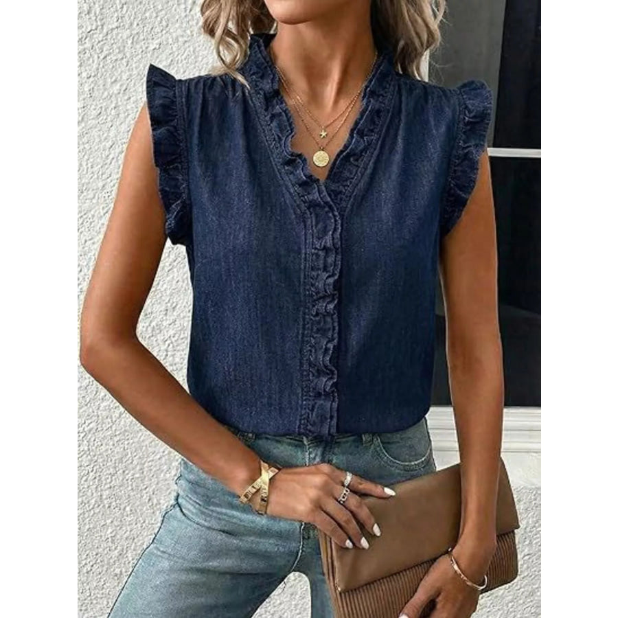 Ruffle Trim V-Neck Sleeveless Denim Top Dark Blue / S Apparel and Accessories