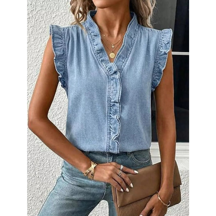 Ruffle Trim V-Neck Sleeveless Denim Top Light Blue / S Apparel and Accessories