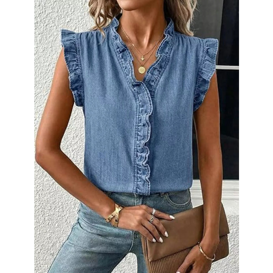 Ruffle Trim V-Neck Sleeveless Denim Top Medium Blue / S Apparel and Accessories