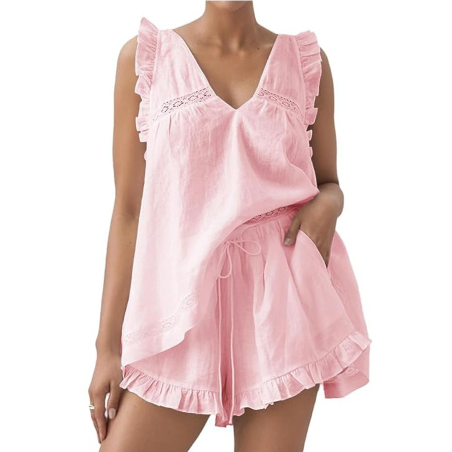 Ruffle Trim V-Neck Top and Shorts Set Blush Pink / S Apparel Accessories