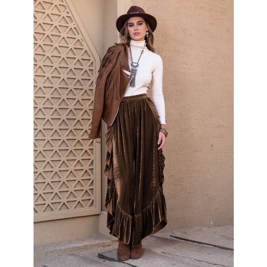 Ruffle Trim Wide Leg Slit Pants Apparel and Accessories