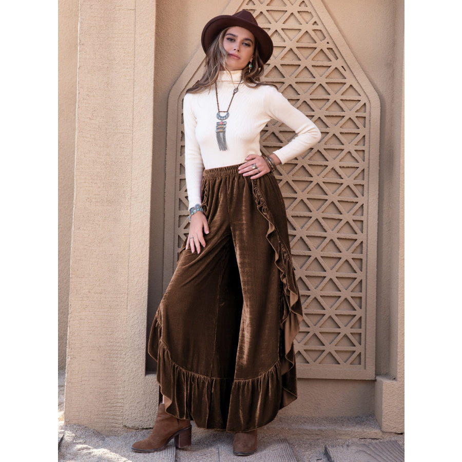 Ruffle Trim Wide Leg Slit Pants Apparel and Accessories