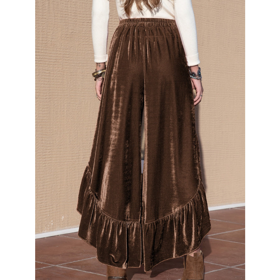 Ruffle Trim Wide Leg Slit Pants Chestnut / S Apparel and Accessories