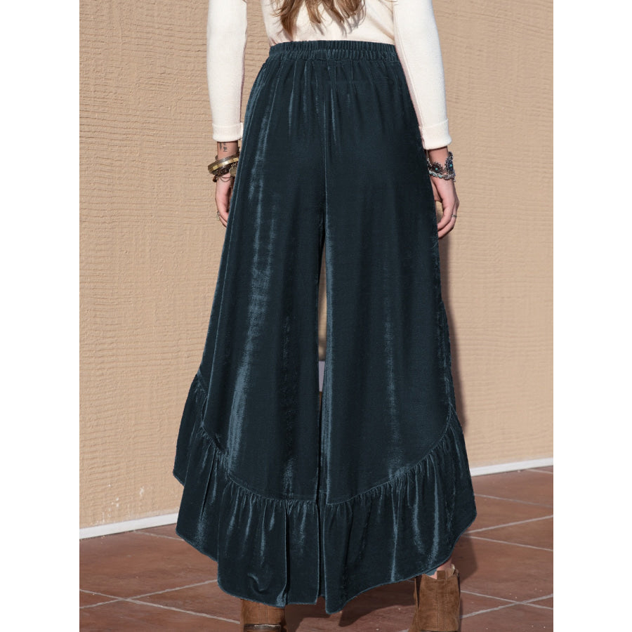 Ruffle Trim Wide Leg Slit Pants Apparel and Accessories