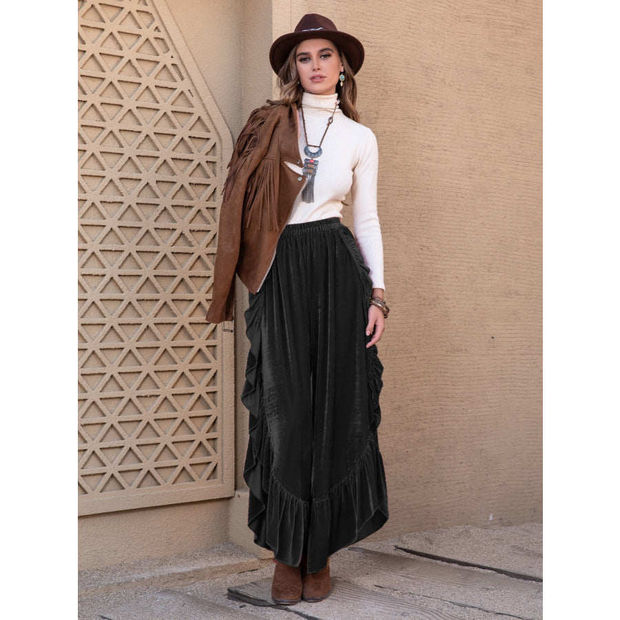 Ruffle Trim Wide Leg Slit Pants Apparel and Accessories