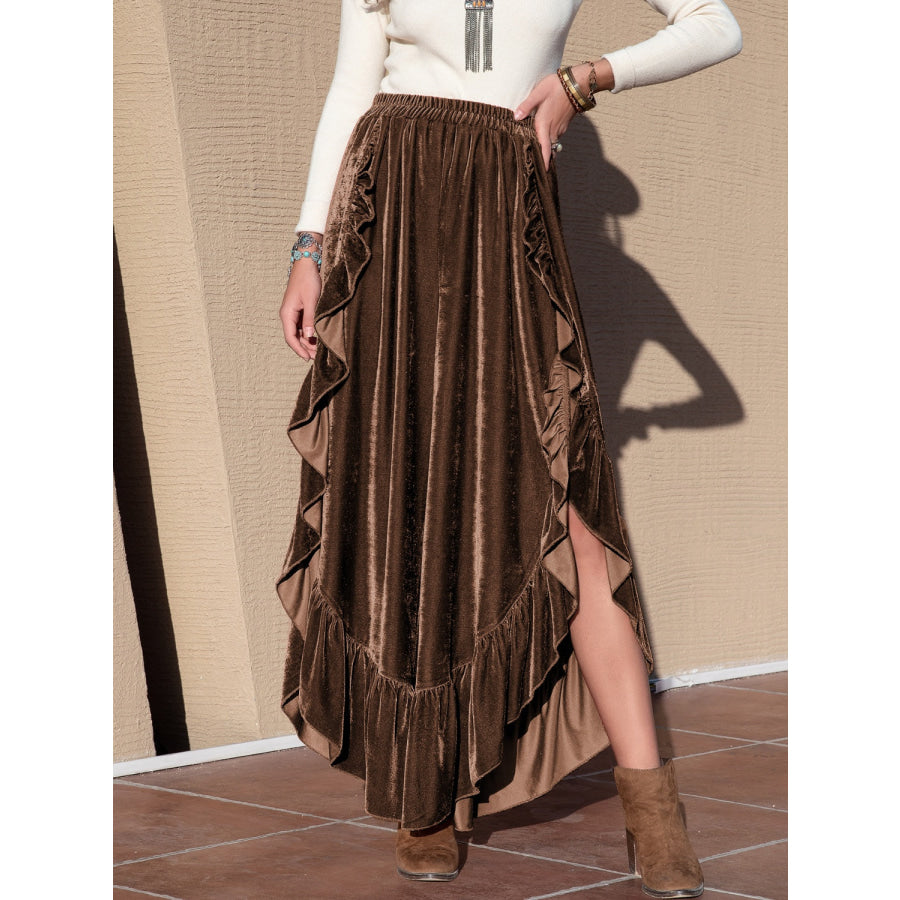 Ruffle Trim Wide Leg Slit Pants Chestnut / S Apparel and Accessories