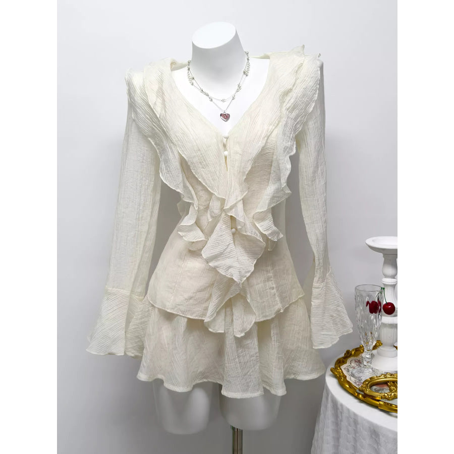 Ruffle Trimmed Blouse and Skirt Set Apricot / S Apparel and Accessories