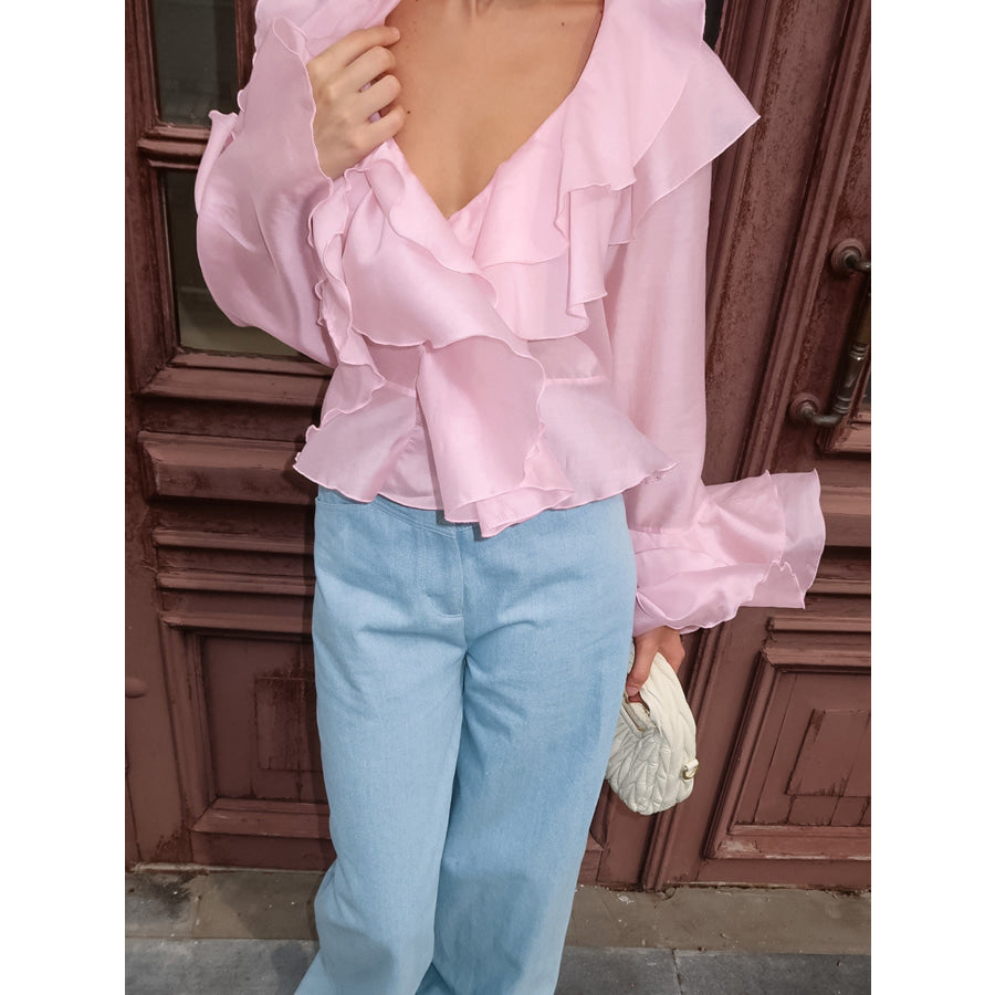 Ruffle Trimmed Long Sleeve Blouse Apparel and Accessories