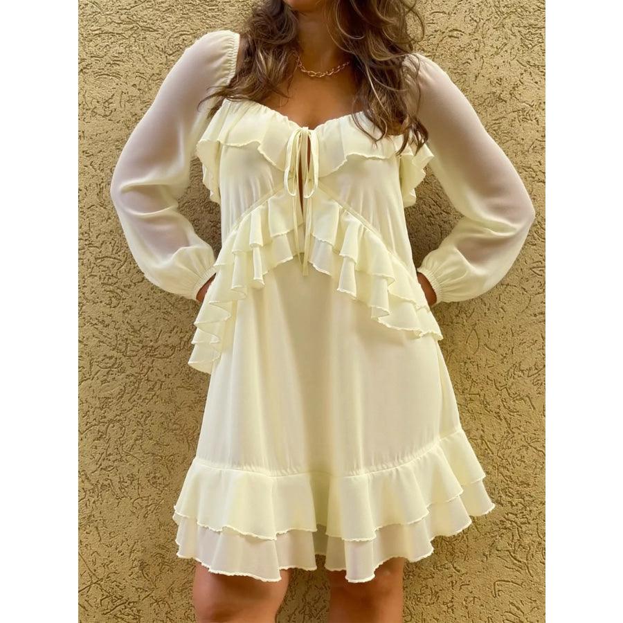 Ruffle Trimmed Long Sleeve Mini Dress Cream / S Apparel and Accessories