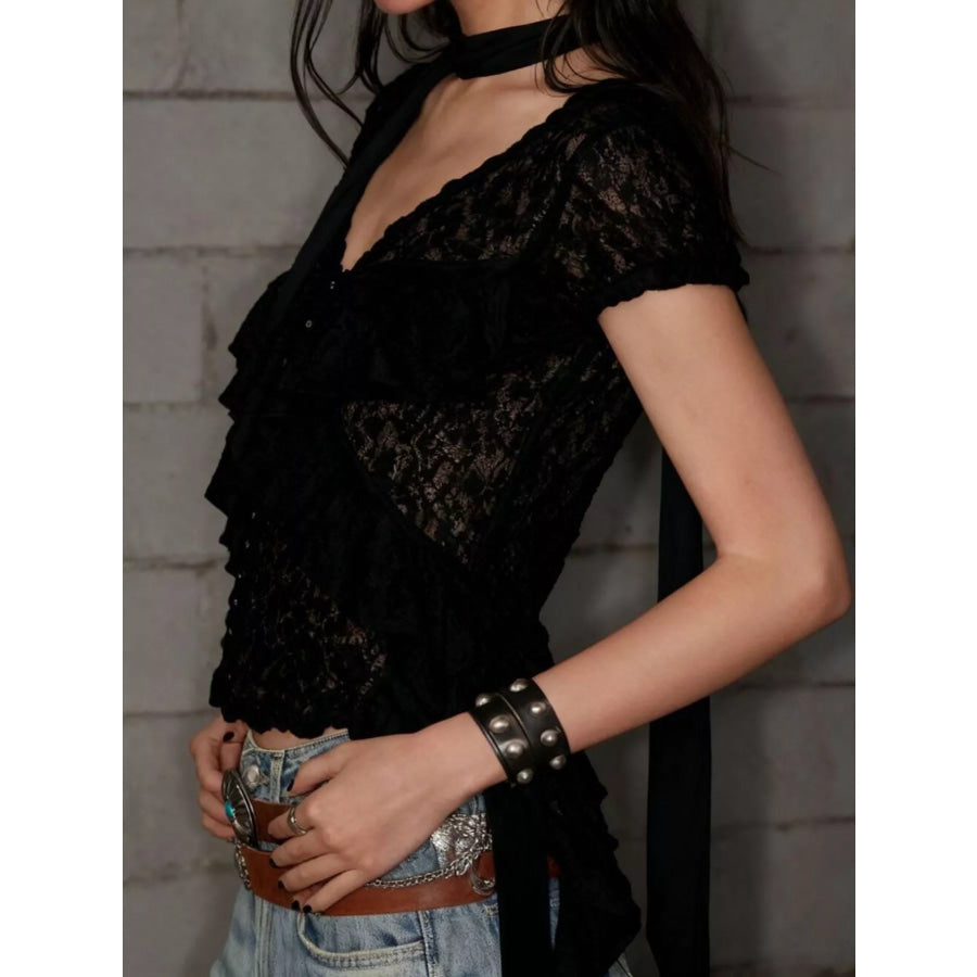Ruffle Trimmed V-Neck Short Sleeve Lace Top Apparel and Accessories