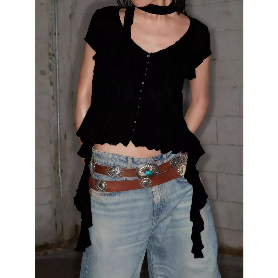 Ruffle Trimmed V-Neck Short Sleeve Lace Top Apparel and Accessories