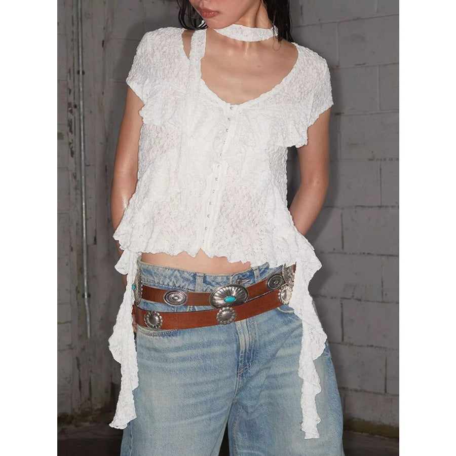 Ruffle Trimmed V-Neck Short Sleeve Lace Top Apparel and Accessories