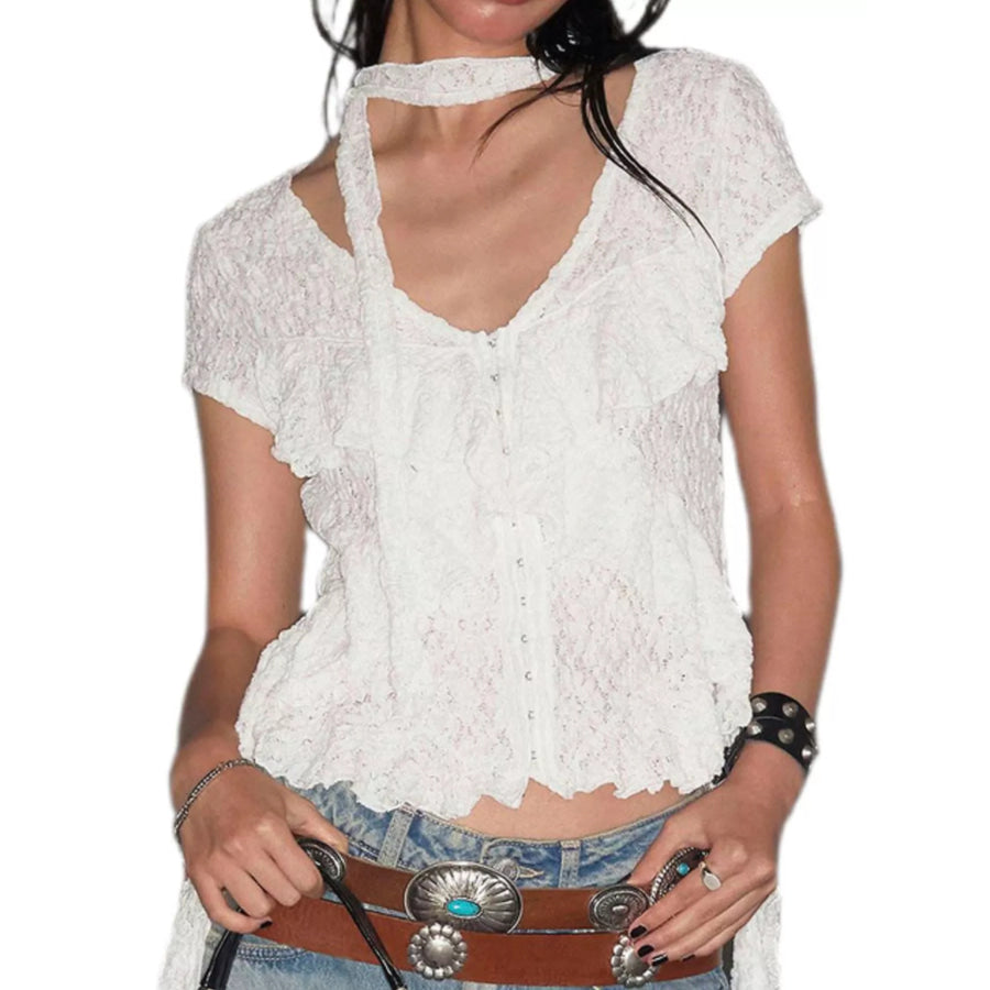 Ruffle Trimmed V-Neck Short Sleeve Lace Top Apparel and Accessories