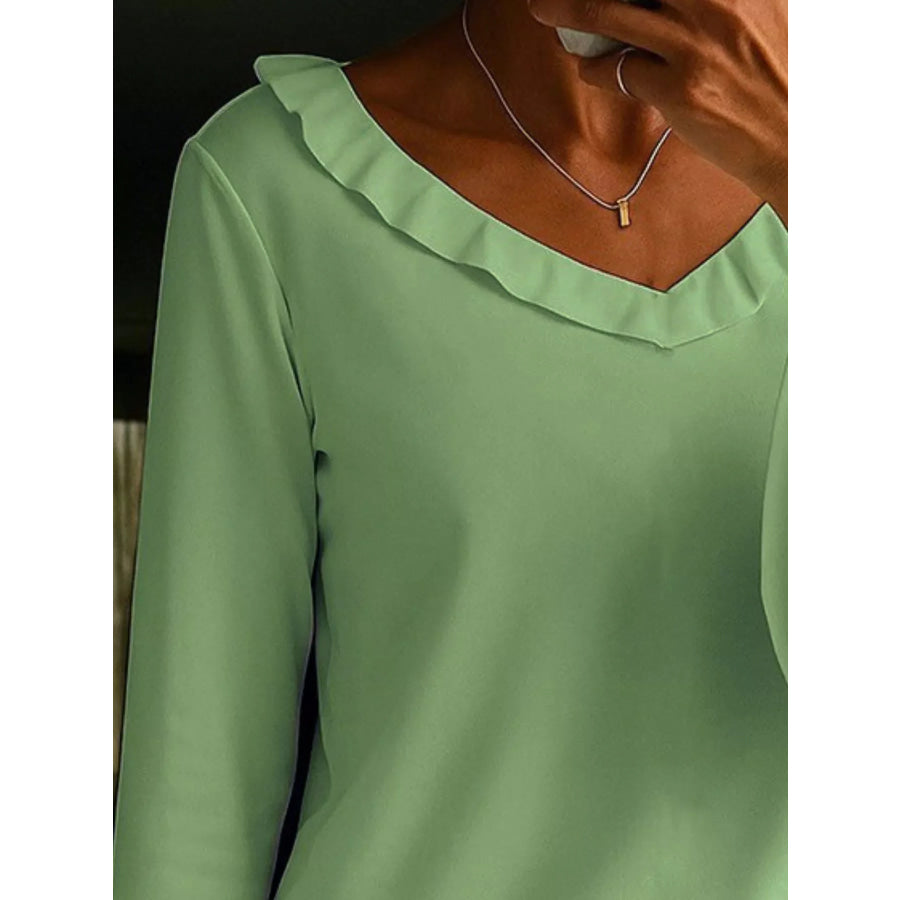 Ruffle V-Neck Bell Sleeve Blouse Apparel and Accessories