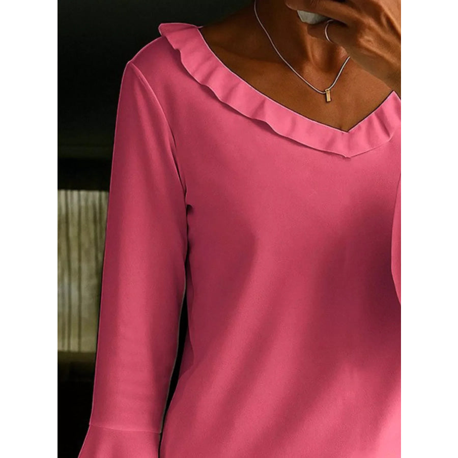 Ruffle V-Neck Bell Sleeve Blouse Apparel and Accessories