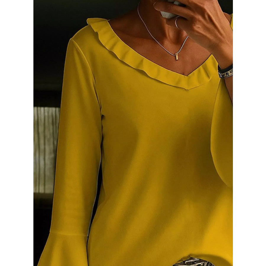 Ruffle V-Neck Bell Sleeve Blouse Apparel and Accessories