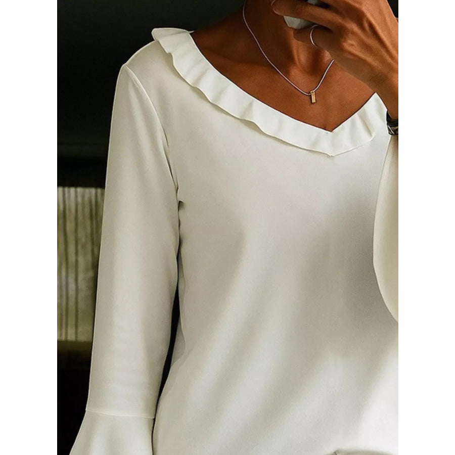 Ruffle V-Neck Bell Sleeve Blouse Apparel and Accessories