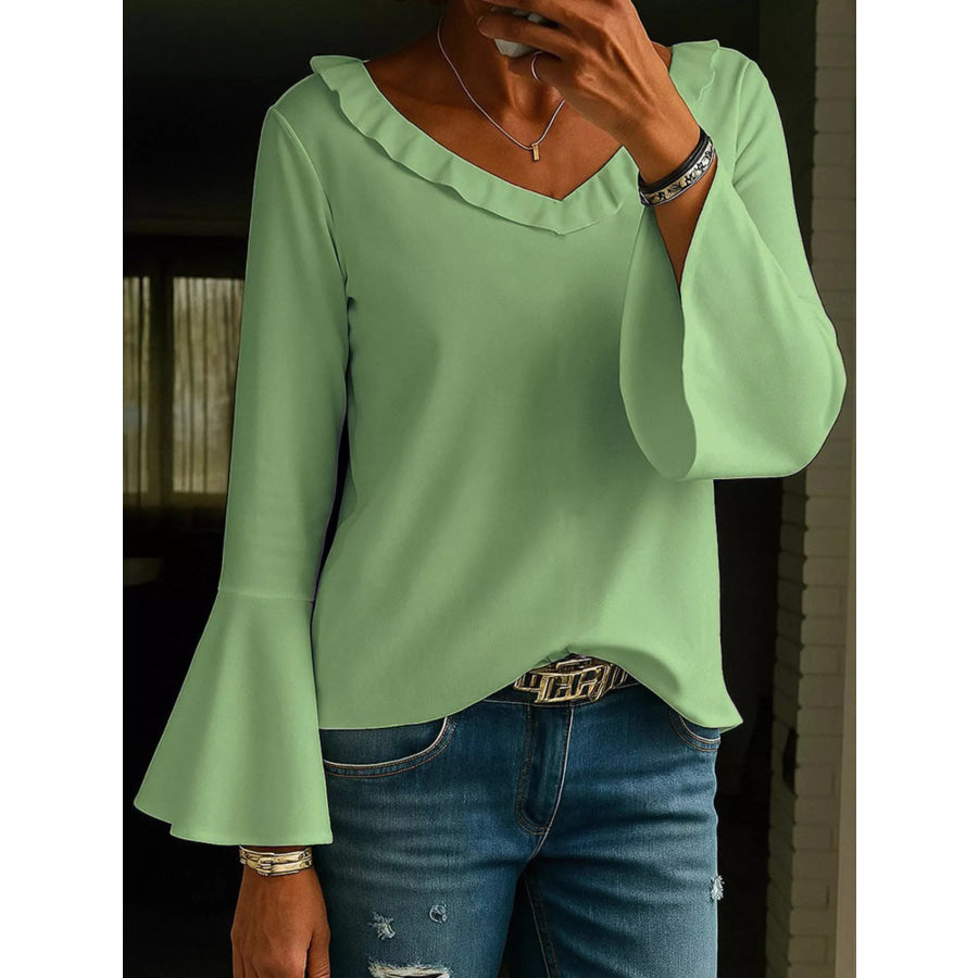 Ruffle V-Neck Bell Sleeve Blouse Blue / S Apparel and Accessories