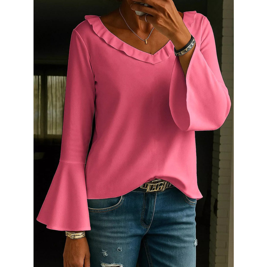 Ruffle V-Neck Bell Sleeve Blouse Fuchsia Pink / S Apparel and Accessories