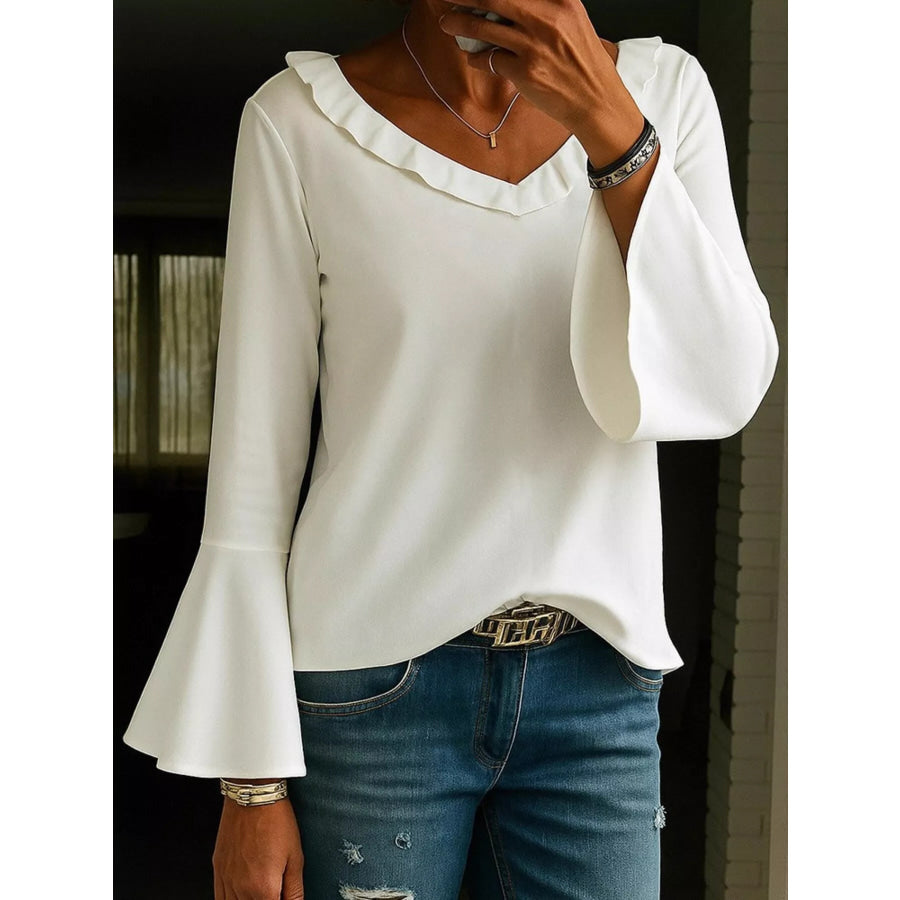 Ruffle V-Neck Bell Sleeve Blouse Gray/white / S Apparel and Accessories