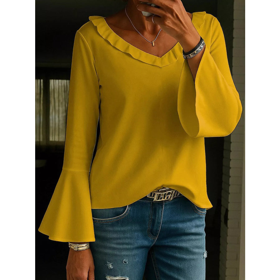 Ruffle V-Neck Bell Sleeve Blouse Ochre / S Apparel and Accessories