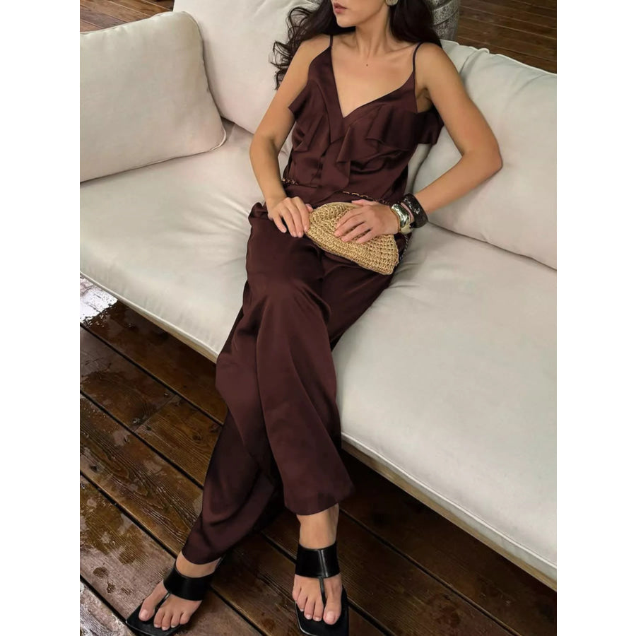 Ruffle V-Neck Cami and Wide-Leg Pants Two-Piece Set Apparel and Accessories