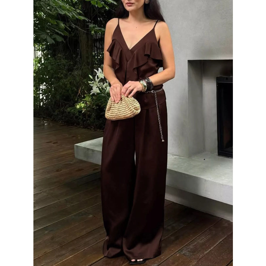 Ruffle V-Neck Cami and Wide-Leg Pants Two-Piece Set Apparel and Accessories