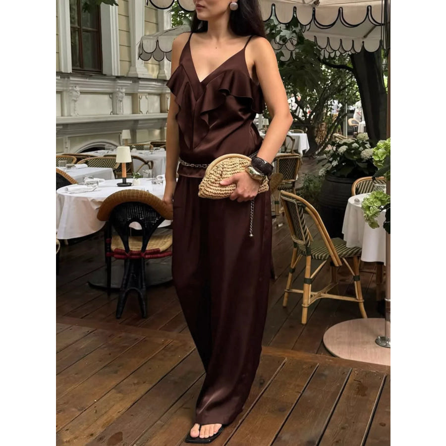 Ruffle V-Neck Cami and Wide-Leg Pants Two-Piece Set Apparel and Accessories