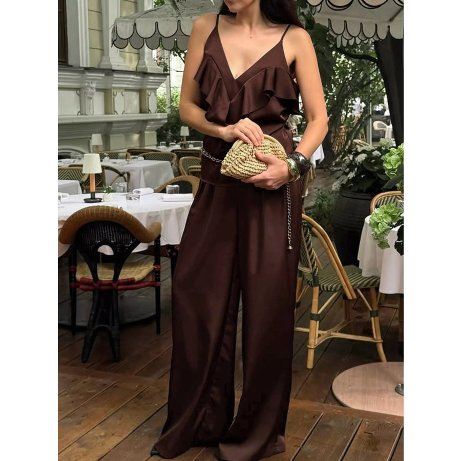 Ruffle V-Neck Cami and Wide-Leg Pants Two-Piece Set Apparel and Accessories
