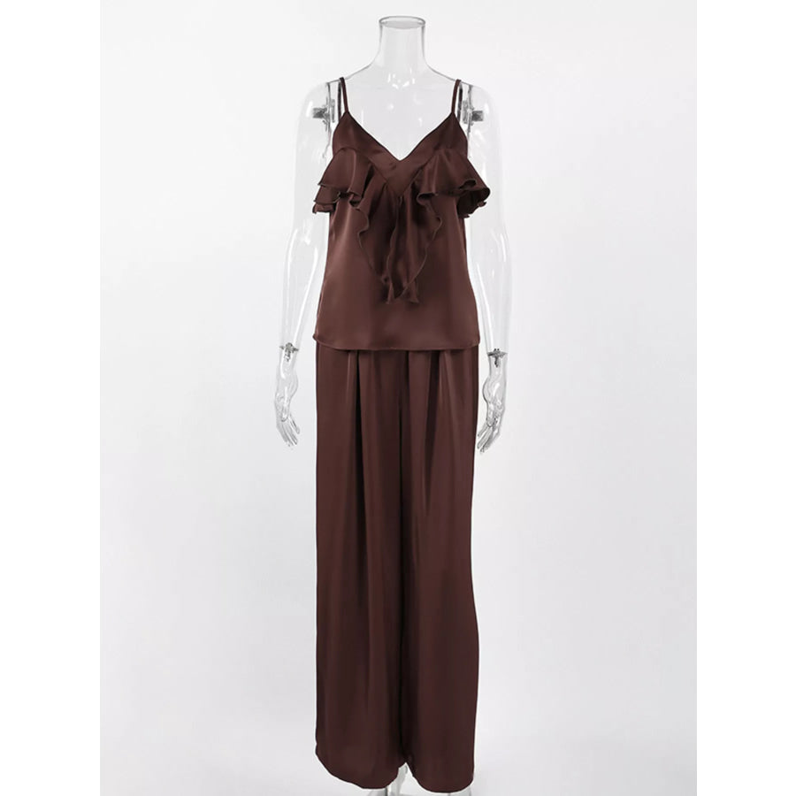 Ruffle V-Neck Cami and Wide-Leg Pants Two-Piece Set Apparel and Accessories